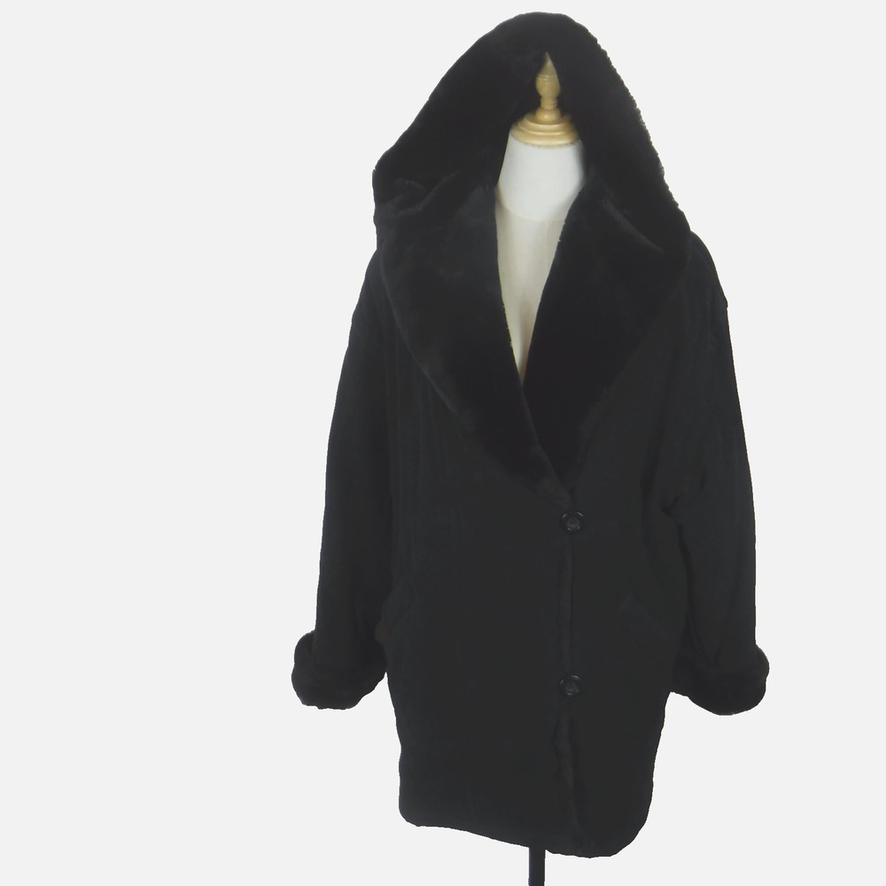 Gallery Petite Women's Medium Black Hooded Coat Faux Fur Trim Mid-Length Winter